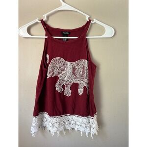 Y2K Rue21 Elephant Graphic Tank Top Burgundy Red Lace Trim Sleeveless Top M Boho